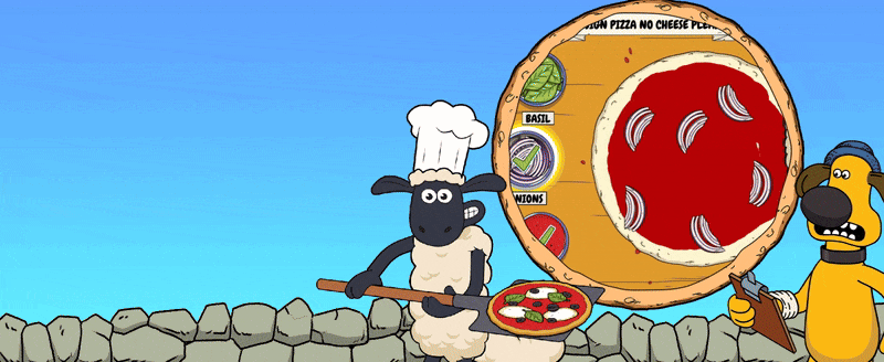 Gameplay footage of the shaun the sheep pizza the action game, where you help shaun gather ingredients to make a pizza