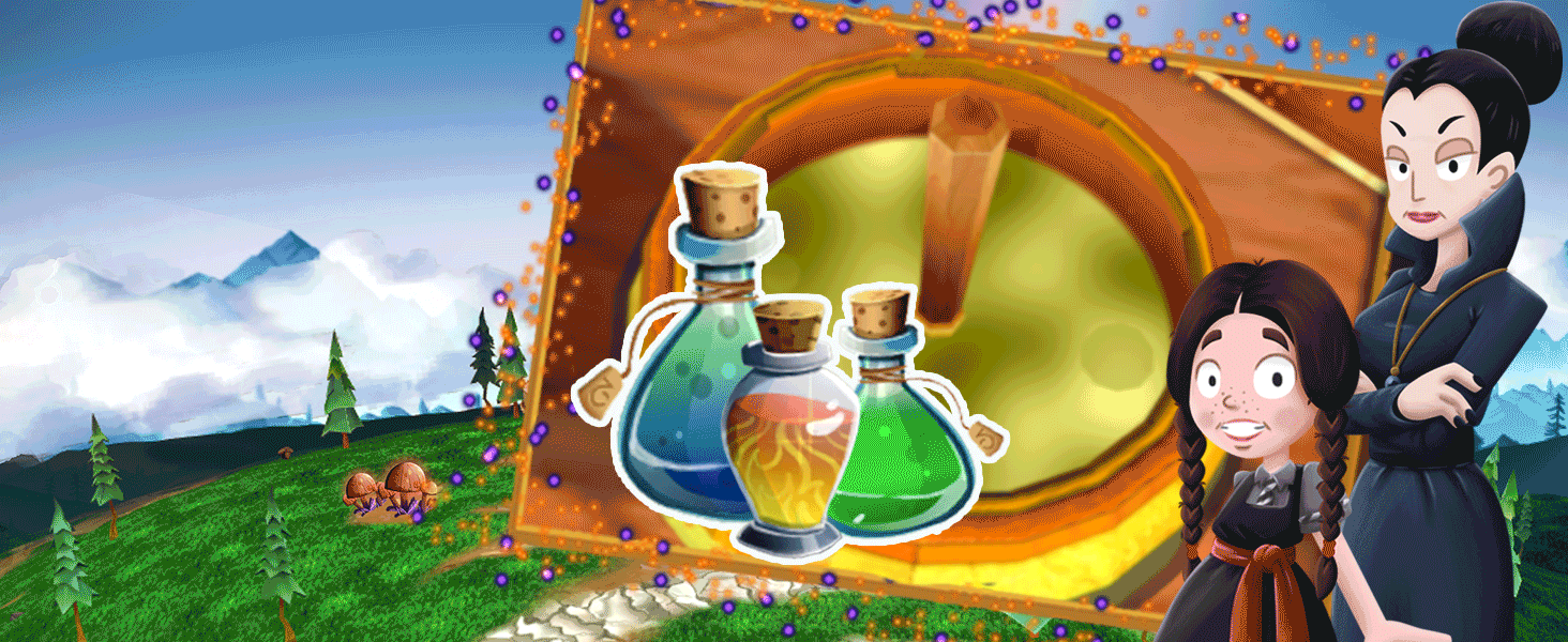 Cartoon version of Miss Hardbroom and Mildred, showing a screen shot of the Magic Adventure game - a potion brwing. Sparkle dust flickers on the potions.