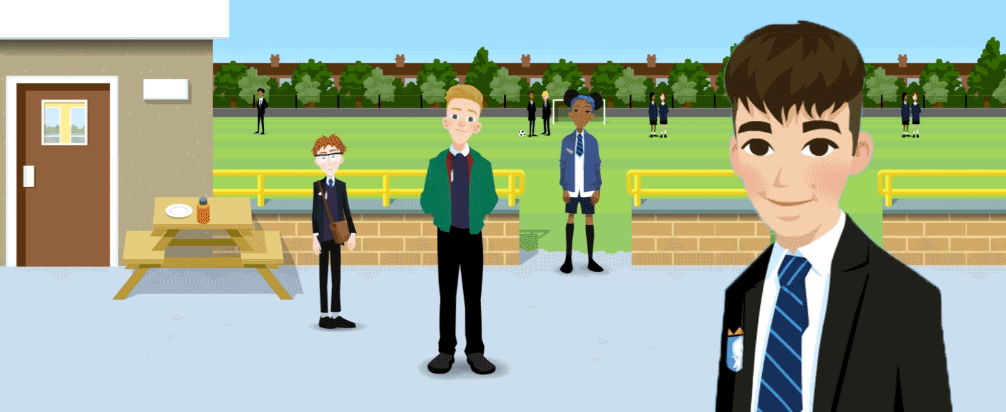 Game graphics of Jamie Johnson, a tall, dark-haired boy wearing a black school uniform. He watches as a football flies past him.