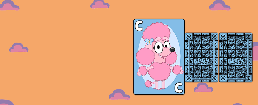 Playing card of Coco from Bluey - a pink poodle. Two cards flip around and text coming onto screen that reads 'snap' as one of the cards matches Coco.